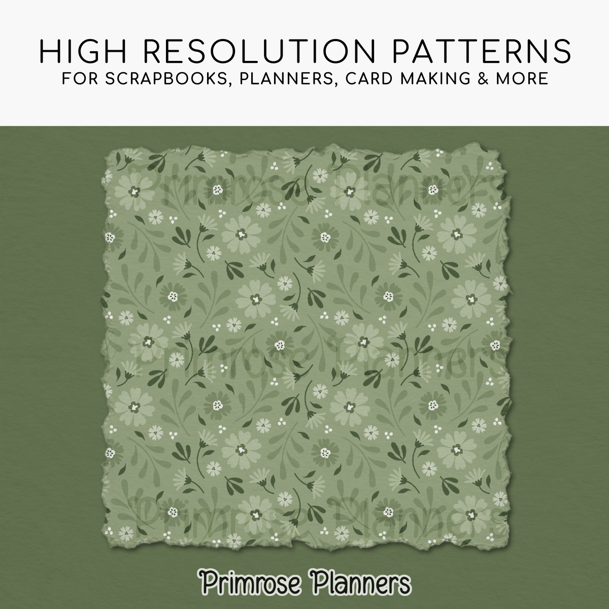 Sage Green Botanical Digital Paper, Meadow Floral Scrapbook Backgrounds, Minimalist Leaf Chevron & Stripe Patterns