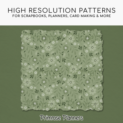 Sage Green Botanical Digital Paper, Meadow Floral Scrapbook Backgrounds, Minimalist Leaf Chevron & Stripe Patterns
