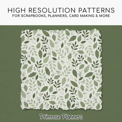 Sage Green Leaf Digital Paper, Meadow Botanical Scrapbook Backgrounds, Earthy Foliage Patterns, Minimalist Planner Pages