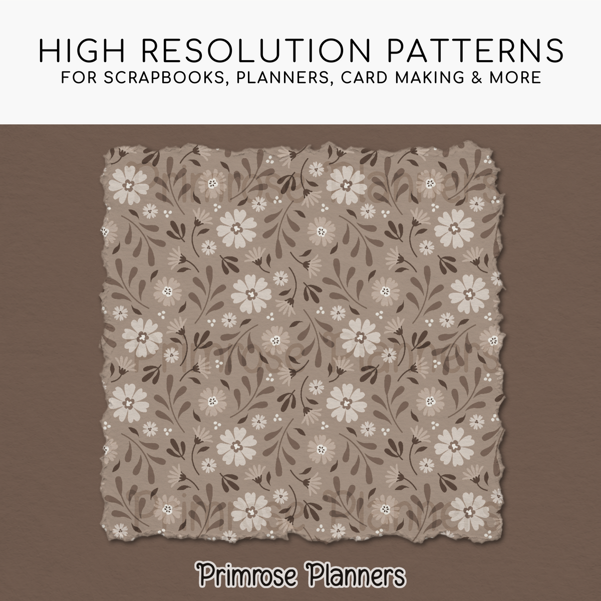 Taupe Botanical Digital Paper, Neutral Floral Scrapbook Backgrounds, Earth Tone Leaf & Chevron Patterns, Minimalist Beige Pages
