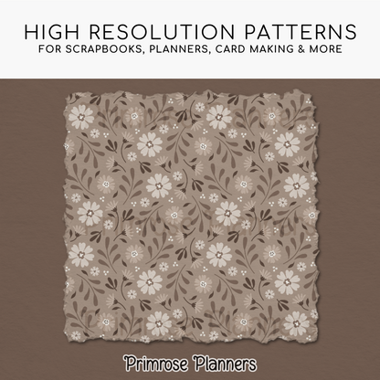 Taupe Botanical Digital Paper, Neutral Floral Scrapbook Backgrounds, Earth Tone Leaf & Chevron Patterns, Minimalist Beige Pages