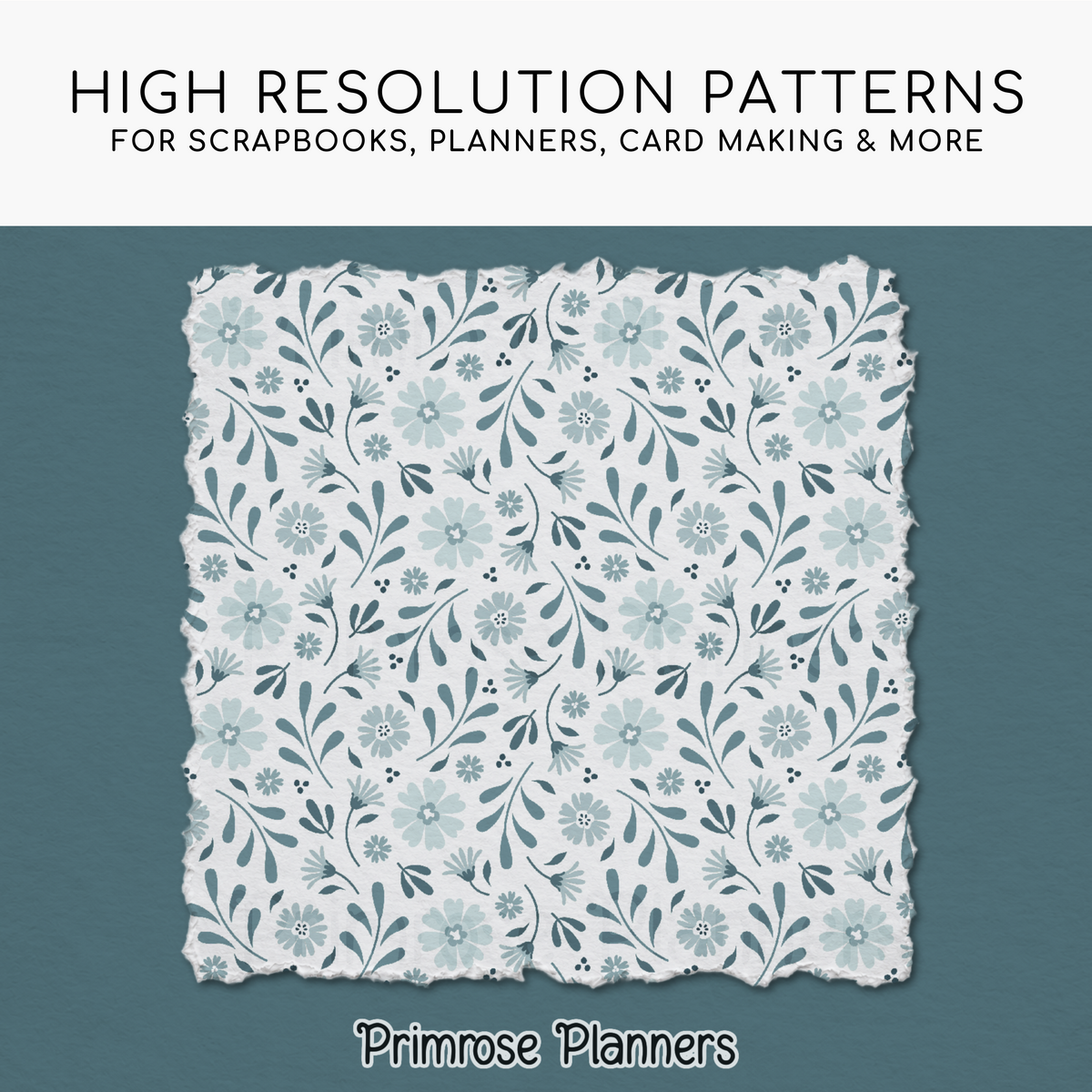 Patina Blue Botanical Digital Paper, Dusty Blue Floral Scrapbook Backgrounds, Minimalist Leaf & Chevron Patterns