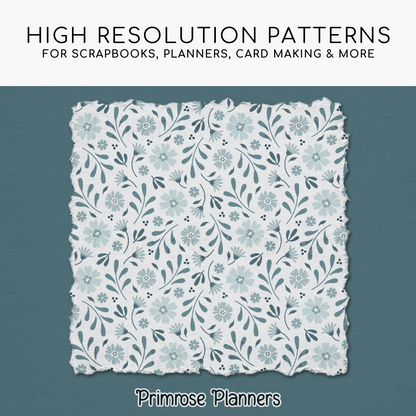 Patina Blue Botanical Digital Paper, Dusty Blue Floral Scrapbook Backgrounds, Minimalist Leaf & Chevron Patterns