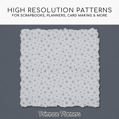 Silver Snowflake Digital Paper, Grey Winter Scrapbook Backgrounds, Minimalist Holiday Patterns, Falling Snow Pages