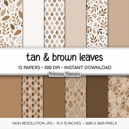 Tan & Brown Leaf Digital Paper, Neutral Fall Scrapbook Backgrounds, Earth Tone Botanical Patterns, Boho Autumn Pages