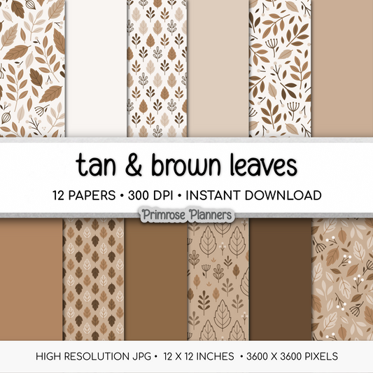 Tan & Brown Leaf Digital Paper, Neutral Fall Scrapbook Backgrounds, Earth Tone Botanical Patterns, Boho Autumn Pages