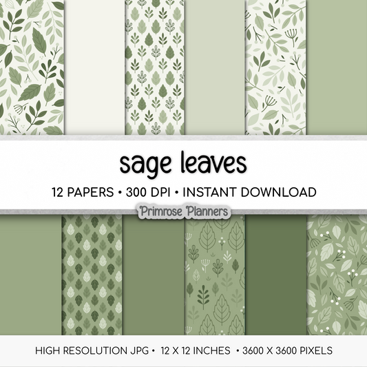 Sage Green Leaf Digital Paper, Meadow Botanical Scrapbook Backgrounds, Earthy Foliage Patterns, Minimalist Planner Pages