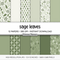 Sage Green Leaf Digital Paper, Meadow Botanical Scrapbook Backgrounds, Earthy Foliage Patterns, Minimalist Planner Pages