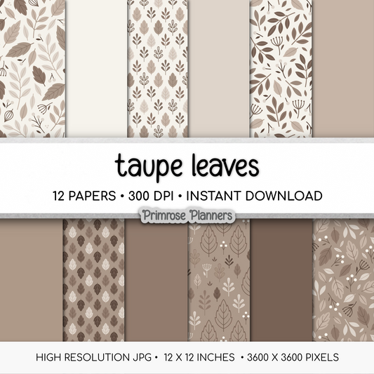 Taupe Leaf Digital Paper, Neutral Botanical Scrapbook Backgrounds, Earth Tone Fall Foliage Patterns, Minimalist Beige Pages