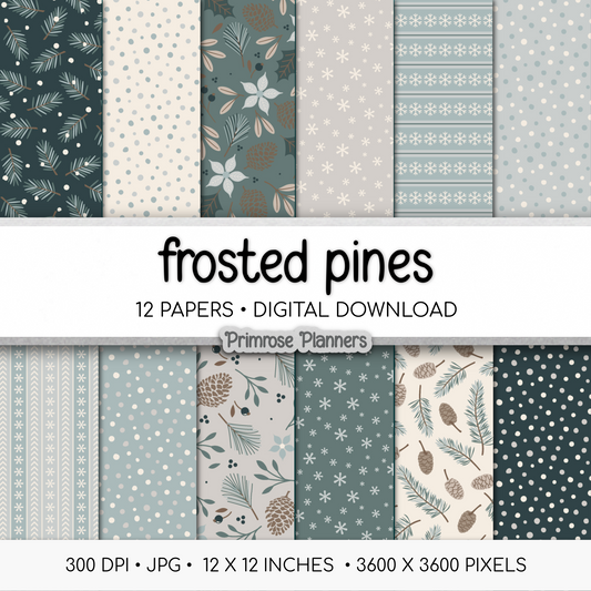 Frosted Pines Winter Digital Paper, Muted Teal Woodland Scrapbook Backgrounds, Cozy Snowy Pinecone Patterns