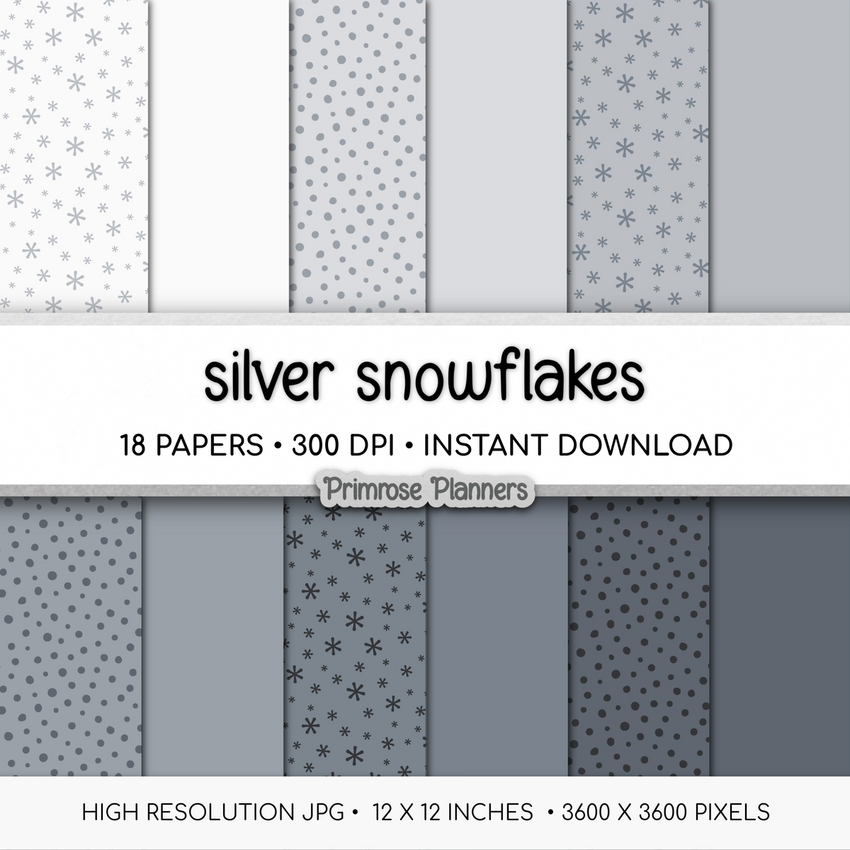 Silver Snowflake Digital Paper, Grey Winter Scrapbook Backgrounds, Minimalist Holiday Patterns, Falling Snow Pages