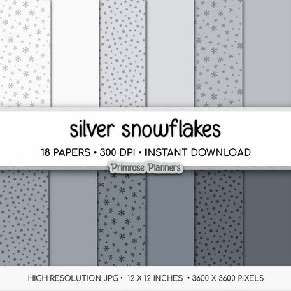 Silver Snowflake Digital Paper, Grey Winter Scrapbook Backgrounds, Minimalist Holiday Patterns, Falling Snow Pages