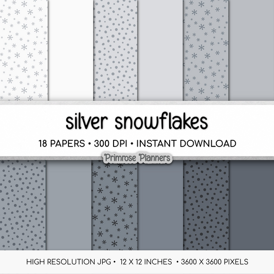 Silver Snowflake Digital Paper, Grey Winter Scrapbook Backgrounds, Minimalist Holiday Patterns, Falling Snow Pages