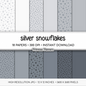 Silver Snowflake Digital Paper, Grey Winter Scrapbook Backgrounds, Minimalist Holiday Patterns, Falling Snow Pages