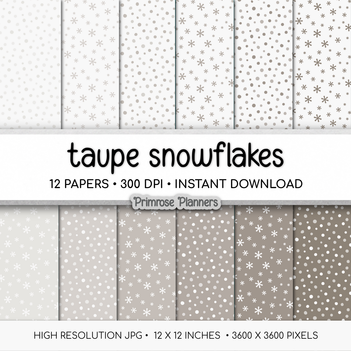 Taupe Snowflake Digital Paper, Neutral Winter Scrapbook Backgrounds, Beige Minimalist Holiday Patterns, Falling Snow Pages