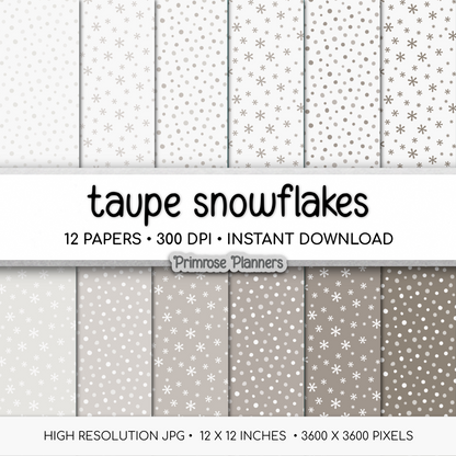Taupe Snowflake Digital Paper, Neutral Winter Scrapbook Backgrounds, Beige Minimalist Holiday Patterns, Falling Snow Pages