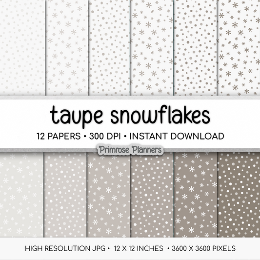 Taupe Snowflake Digital Paper, Neutral Winter Scrapbook Backgrounds, Beige Minimalist Holiday Patterns, Falling Snow Pages