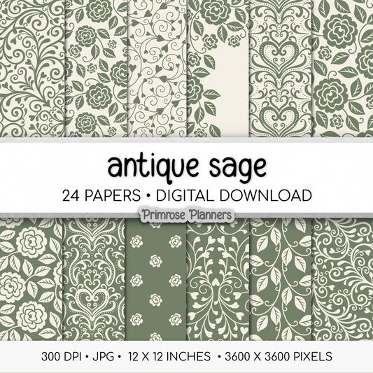 Cottagecore Sage Digital Backgrounds | Vintage Green and Cream Paper Pack | Floral Patterns for Digital Planning | Scrapbooking