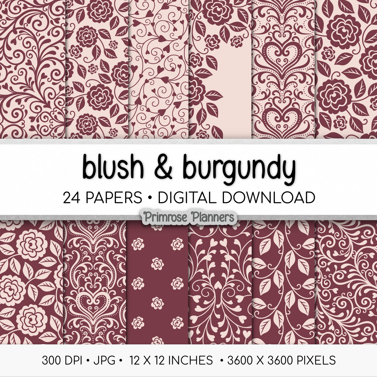 Burgundy Pink Digital Paper | Romantic Floral Backgrounds | Blush Rose Pattern Pack | Printable Paper for Crafts