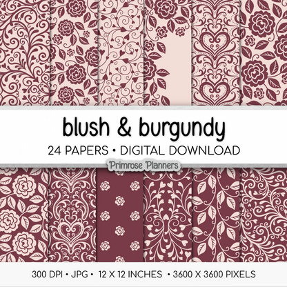 Burgundy Pink Digital Paper | Romantic Floral Backgrounds | Blush Rose Pattern Pack | Printable Paper for Crafts