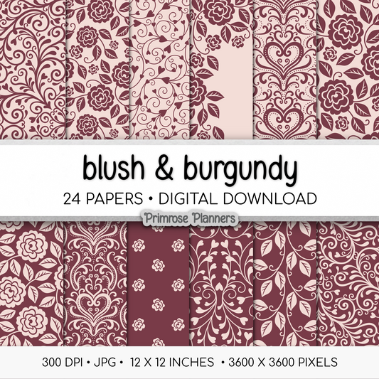Burgundy Pink Digital Paper | Romantic Floral Backgrounds | Blush Rose Pattern Pack | Printable Paper for Crafts