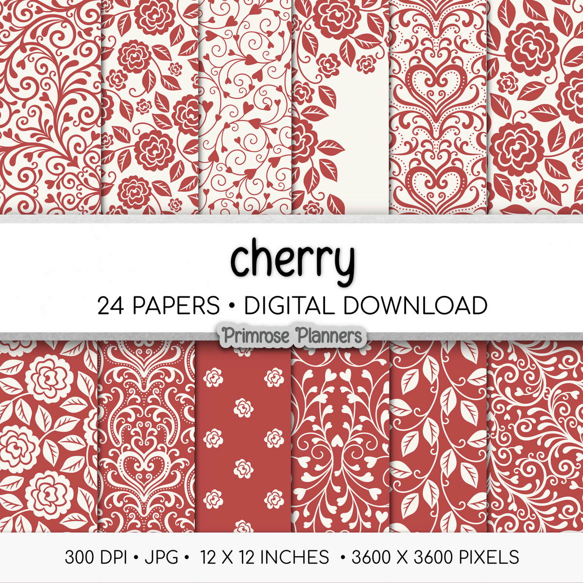 Red Floral Digital Paper | Shabby Chic Cherry Backgrounds | Cream and Red Damask Pattern | Printable Paper for Crafts