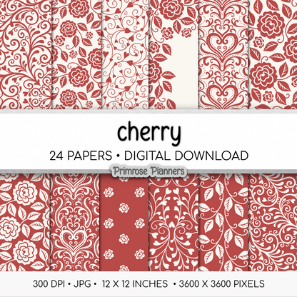 Red Floral Digital Paper | Shabby Chic Cherry Backgrounds | Cream and Red Damask Pattern | Printable Paper for Crafts