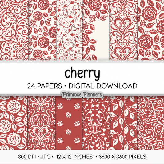 Red Floral Digital Paper | Shabby Chic Cherry Backgrounds | Cream and Red Damask Pattern | Printable Paper for Crafts