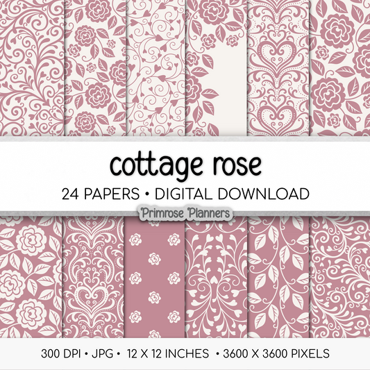 Pink Floral Digital Paper | Shabby Chic Rose Backgrounds | Vintage Mauve Damask and Hearts Pattern | Printable Paper for Crafts