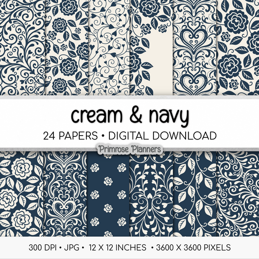 Navy Cottagecore Rose Backgrounds | Vintage Blue Floral Paper Pack | Heart Patterns for Digital Planning | Scrapbooking