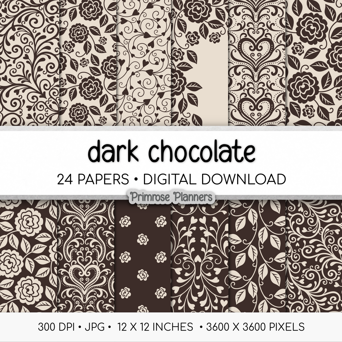 Neutral Vintage Rose Digital Backgrounds | Brown Floral Paper Pack | Heart Patterns for Digital Planning | Scrapbooking
