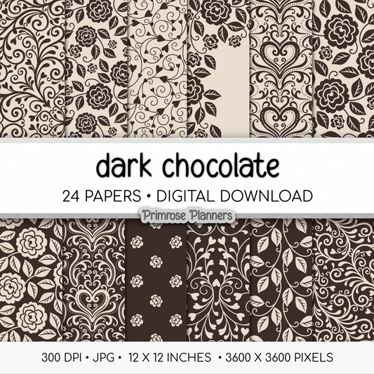 Neutral Vintage Rose Digital Backgrounds | Brown Floral Paper Pack | Heart Patterns for Digital Planning | Scrapbooking