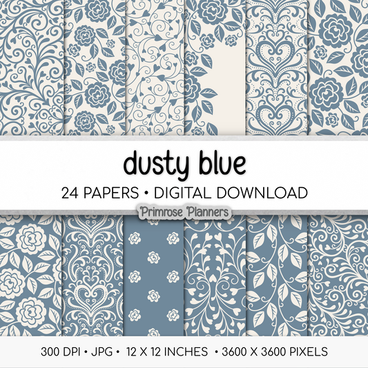 Cottagecore Blue Digital Backgrounds | Vintage Floral Paper Pack | Heart Patterns for Digital Planning | Scrapbooking Supplies