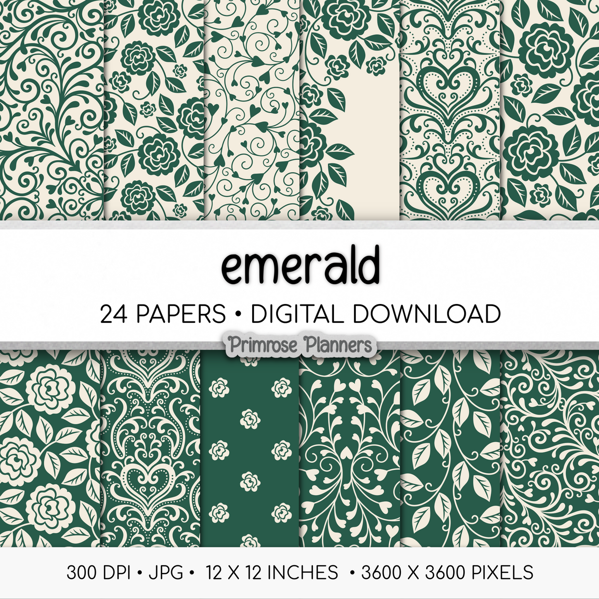 Cottage Rose Digital Backgrounds | Emerald Green Paper Pack | Heart Patterns for Digital Planning | Scrapbooking Supplies