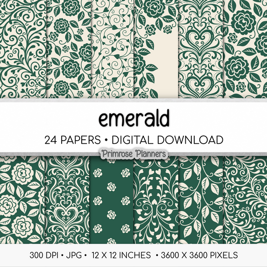 Cottage Rose Digital Backgrounds | Emerald Green Paper Pack | Heart Patterns for Digital Planning | Scrapbooking Supplies