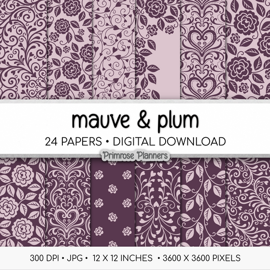 Moody Plum Rose Digital Backgrounds | Vintage Mauve Floral Paper Pack | Heart Patterns for Digital Planning | Scrapbooking Supplies