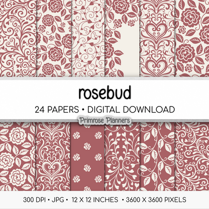 Pink and Cream Digital Paper Pack | Rosebud Floral Backgrounds | Shabby Chic Printable Paper for Crafts | Scrapbooking Supplies