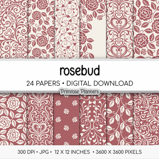Pink and Cream Digital Paper Pack | Rosebud Floral Backgrounds | Shabby Chic Printable Paper for Crafts | Scrapbooking Supplies