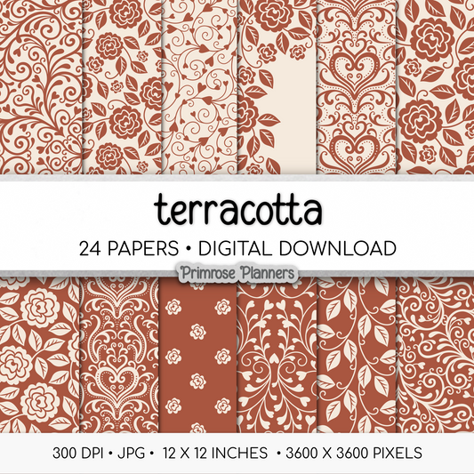 Earthy Floral Digital Backgrounds | Terracotta and Cream Paper Pack | Boho Heart Patterns for Digital Planning | Scrapbooking Supplies
