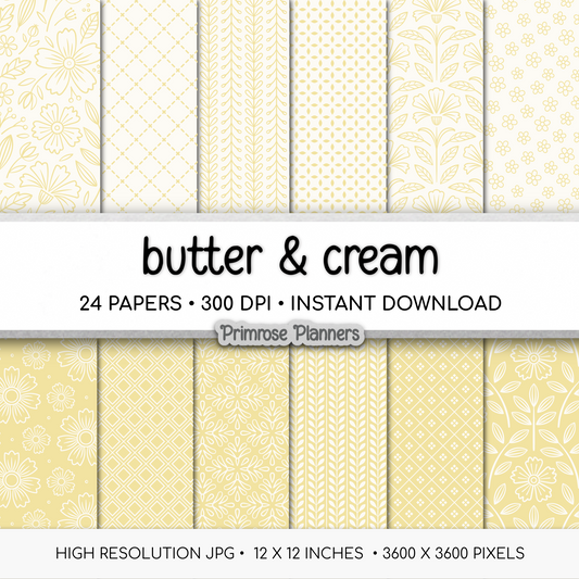 Spring Primrose Digital Paper | Minimal Floral, Geometric Backgrounds | Soft Butter Yellow | Cottagecore Scrapbook Pages